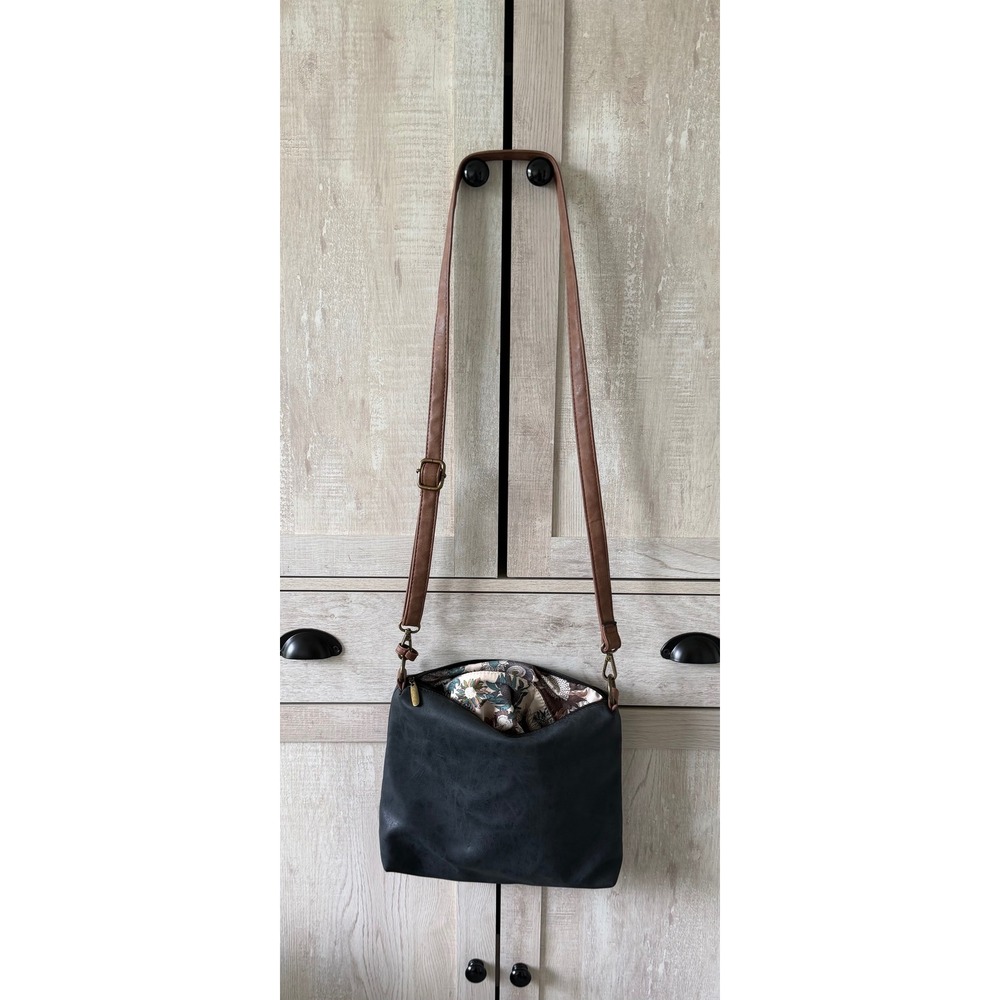 Liz Soto Handbag Crossbody Bag Gray Vegan Leather Floral Lining Adjustable Strap